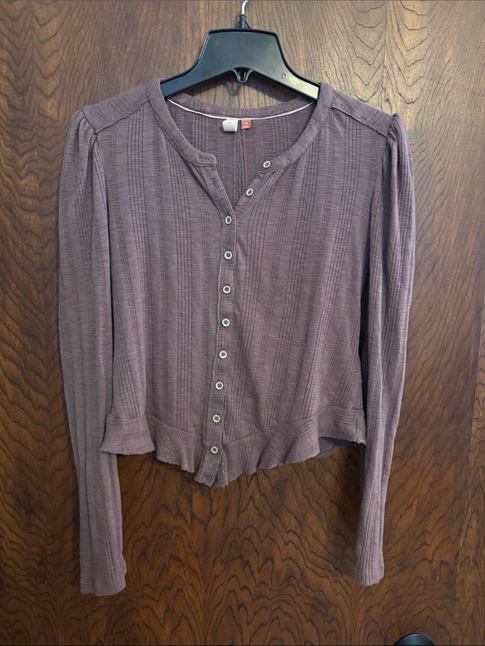 Pilcro chocolate Button-Front Ribbed Long Sleeve Top